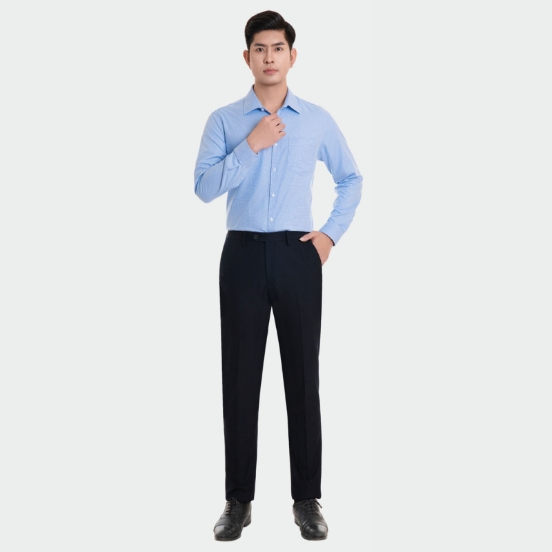 Đồng Phục Sơ Mi Văn Phòng Nam Tay Dài Kẻ Nhuyễn Màu Xanh Chất Liệu Vải Kate Ý