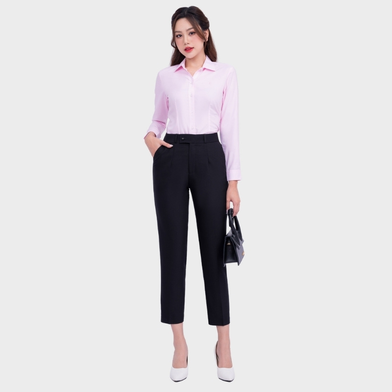 Đồng phục sơ mi văn phòng nữ tay dài Form ôm màu hồng chất liệu vải Cotton