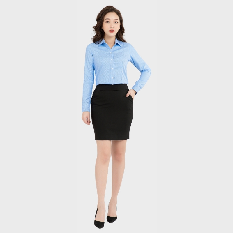 Đồng phục sơ mi nữ màu xanh kẻ tăm