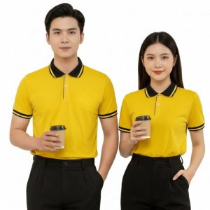 Áo Thun Đồng Phục Màu Vàng Phối Bo Cổ Đen Sọc – TCS03