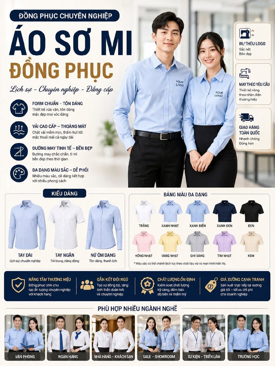 may áo sơ mi đồng phục tphcm — infographic các kiểu dáng và ngành nghề phù hợp