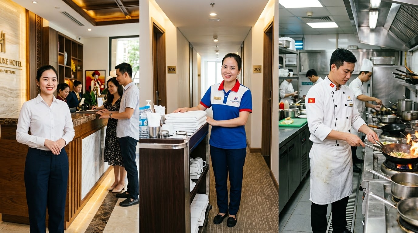 Đồng phục khách sạn: lễ tân, buồng phòng, bếp — yêu cầu và mẫu chuẩn 7 Đồng phục khách sạn