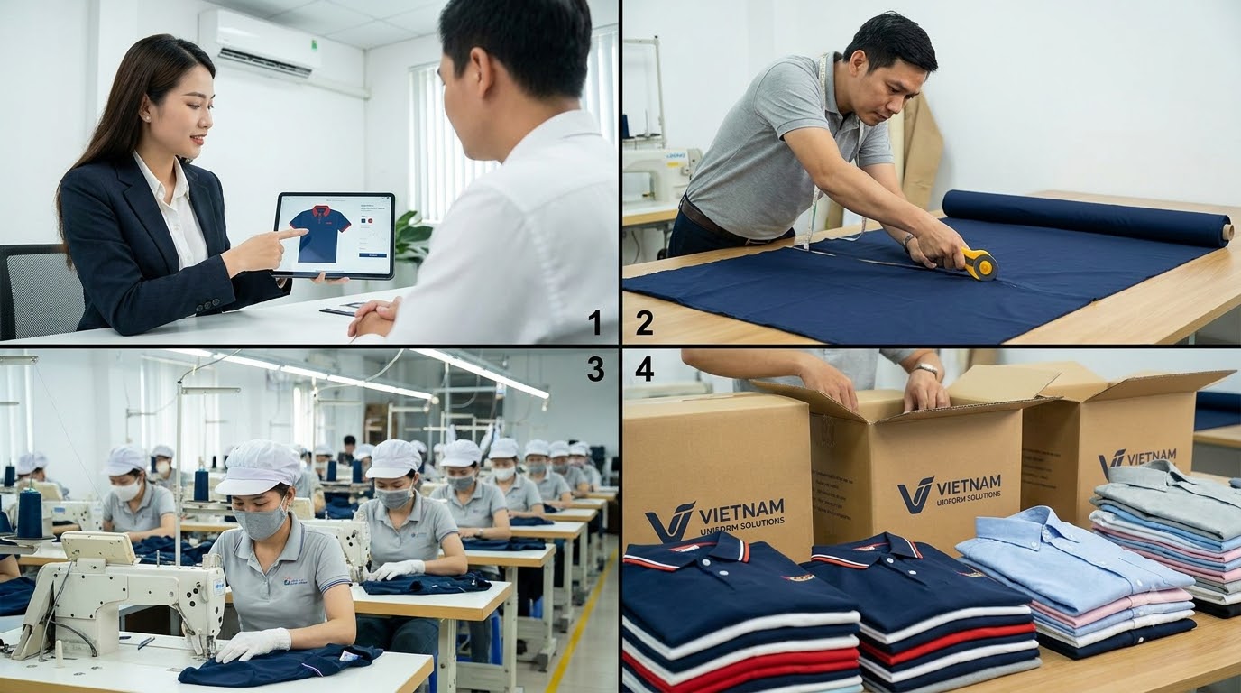 May đồng phục Long An