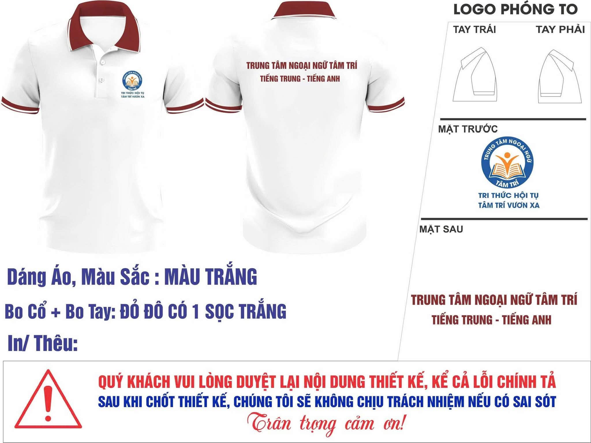 áo polo đồng phục trường học trắng bo đỏ đô in logo Trung Tâm Ngoại Ngữ Tâm Trí