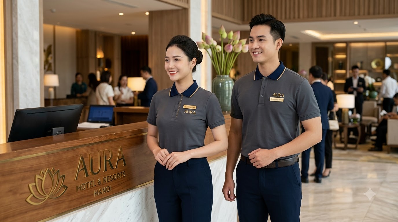 Đồng phục khách sạn: lễ tân, buồng phòng, bếp — yêu cầu và mẫu chuẩn 12 Đồng phục khách sạn