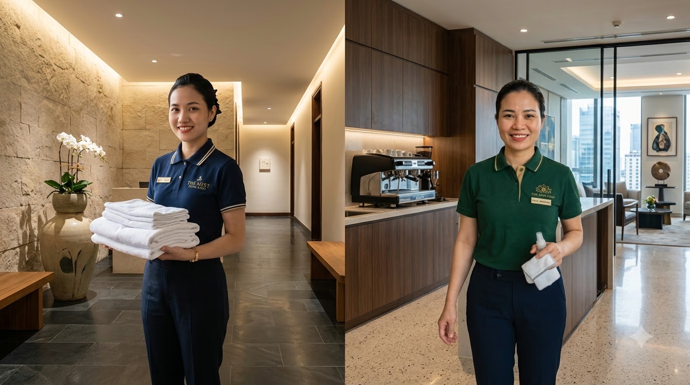 Đồng phục khách sạn: lễ tân, buồng phòng, bếp — yêu cầu và mẫu chuẩn 10 Đồng phục khách sạn